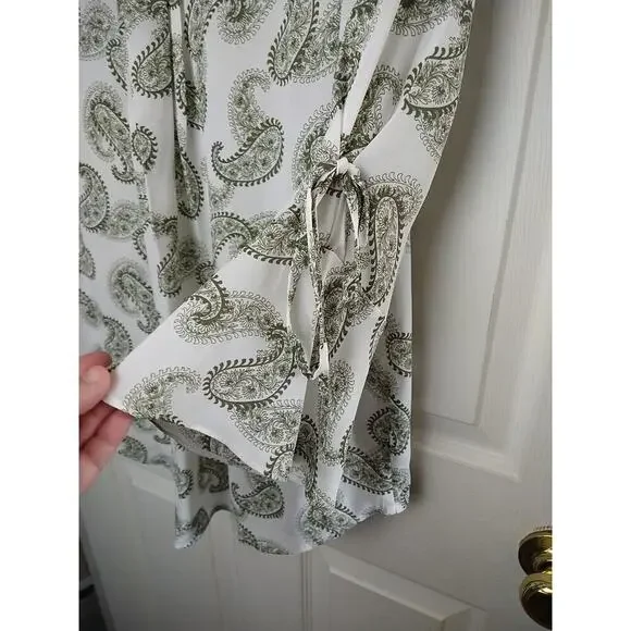 41Hawthorn Green White Paisley V Neck Belle Flare Tie Sleeves Sheer. Size M - Picture 10 of 11